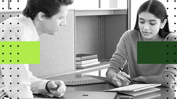 Stylized image of two people collaborating on a tablet