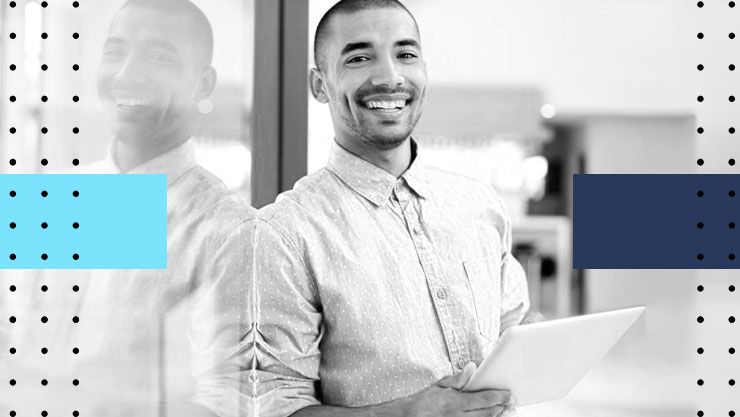 Stylized image of a man in an office holding a tablet